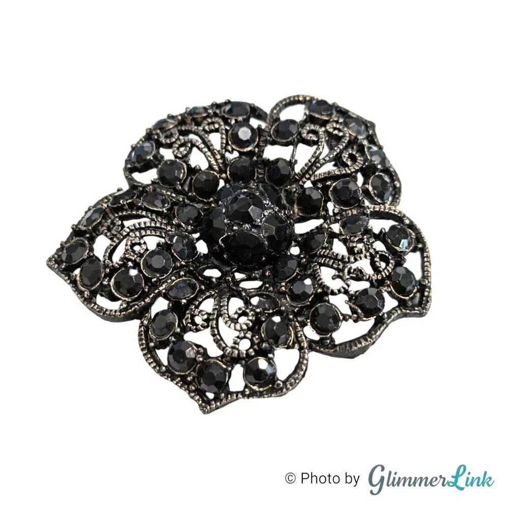 Vintage Black Rhinestones Filigree Lace Flower Brooch Pin